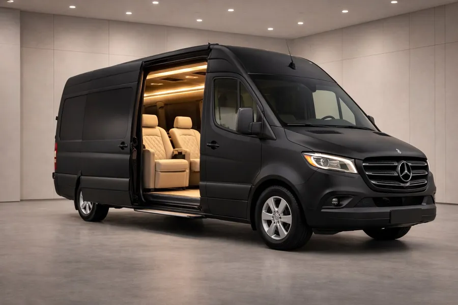 Black Mercedes-Benz Sprinter Executive Style with door open showing luxury interior Dallas