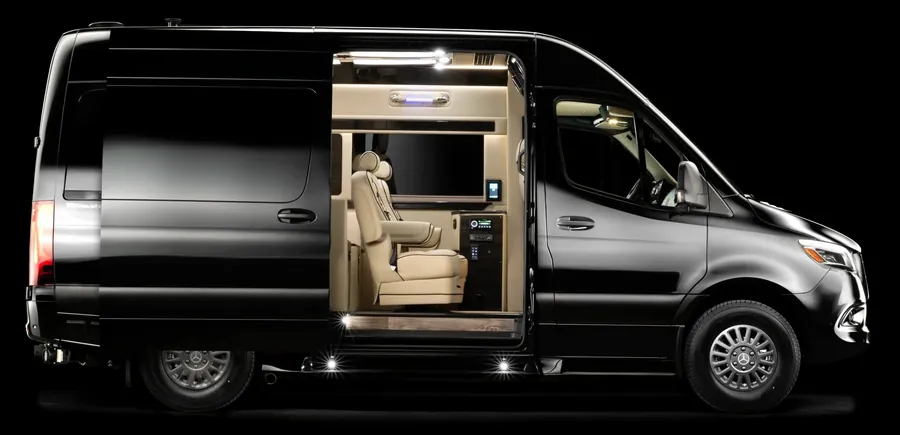 Black Mercedes-Benz Sprinter Jet Style with door open showing premium cabin Dallas