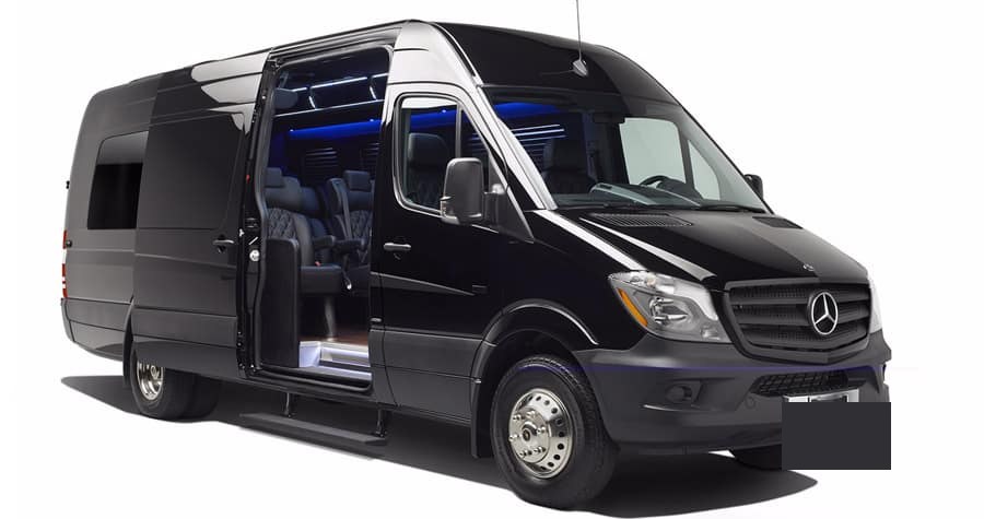 Black Mercedes-Benz Sprinter Limo Style with door open showing lounge interior Dallas